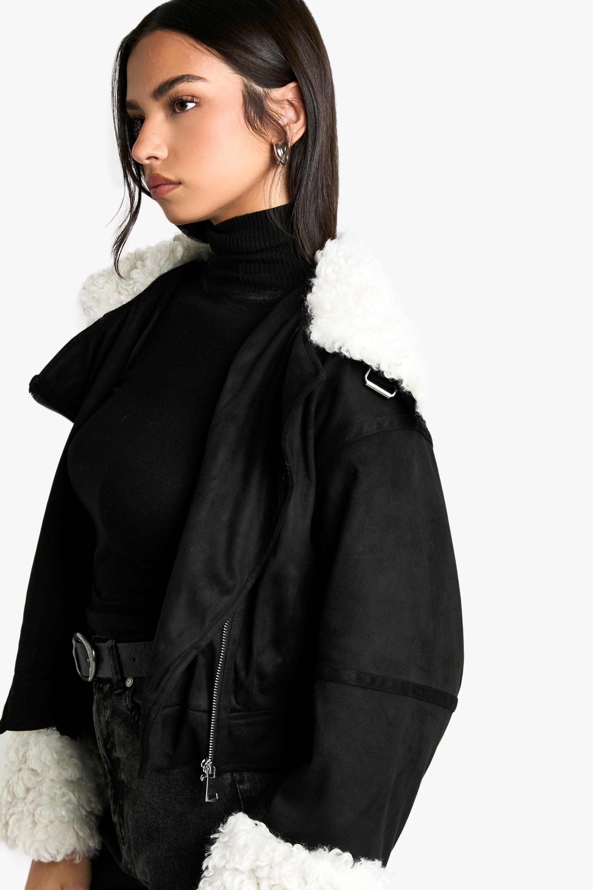 Boohoo padded coat with fur trim and waist detail in shops black