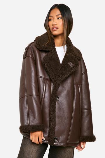 Faux Fur Trim Bonded Aviator Jacket chocolate