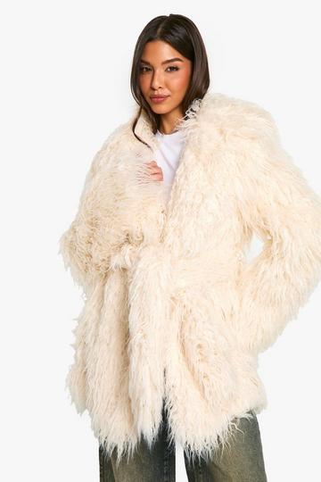 Faux Mongolian Fur Belted Coat cream