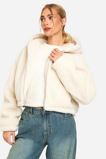 Cream White Hooded Teddy Faux Fur Coat