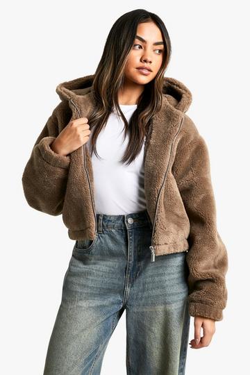 Faux Fur Teddy Jas Met Capuchon biscuit