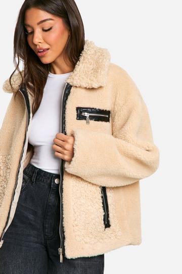 Faux Fur Teddy Aviator Jacket sand