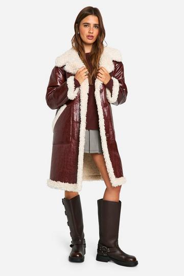 Burgundy Red Faux Leather Teddy Trim Longline Aviator Jacket