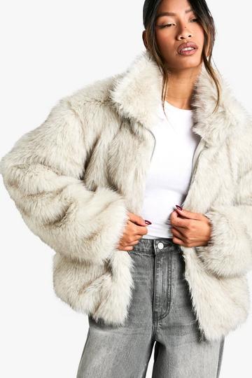 White Vintage Look Faux Fur Funnel Neck Jacket