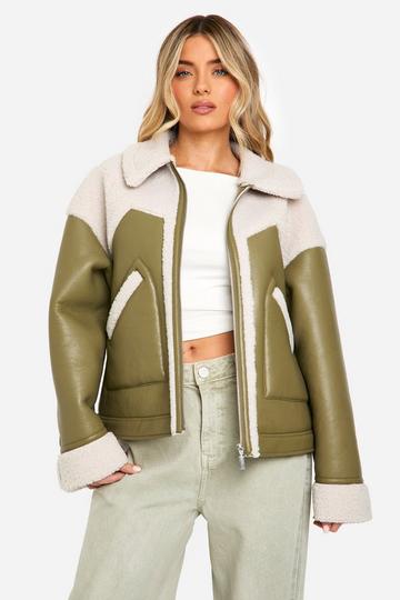 Faux Leather Teddy Trim Aviator Jacket sage