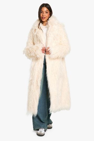 Cream White Faux Mongolian Fur Maxi Coat