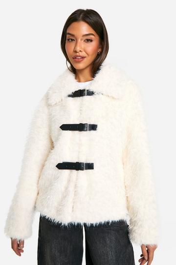 Cream White Textured Faux Fur Buckle Detail Jacket