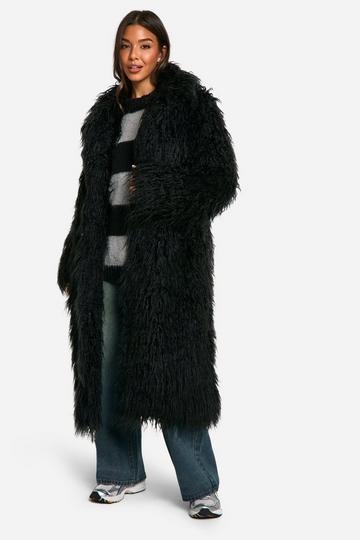 Faux Mongolian Fur Maxi Coat black