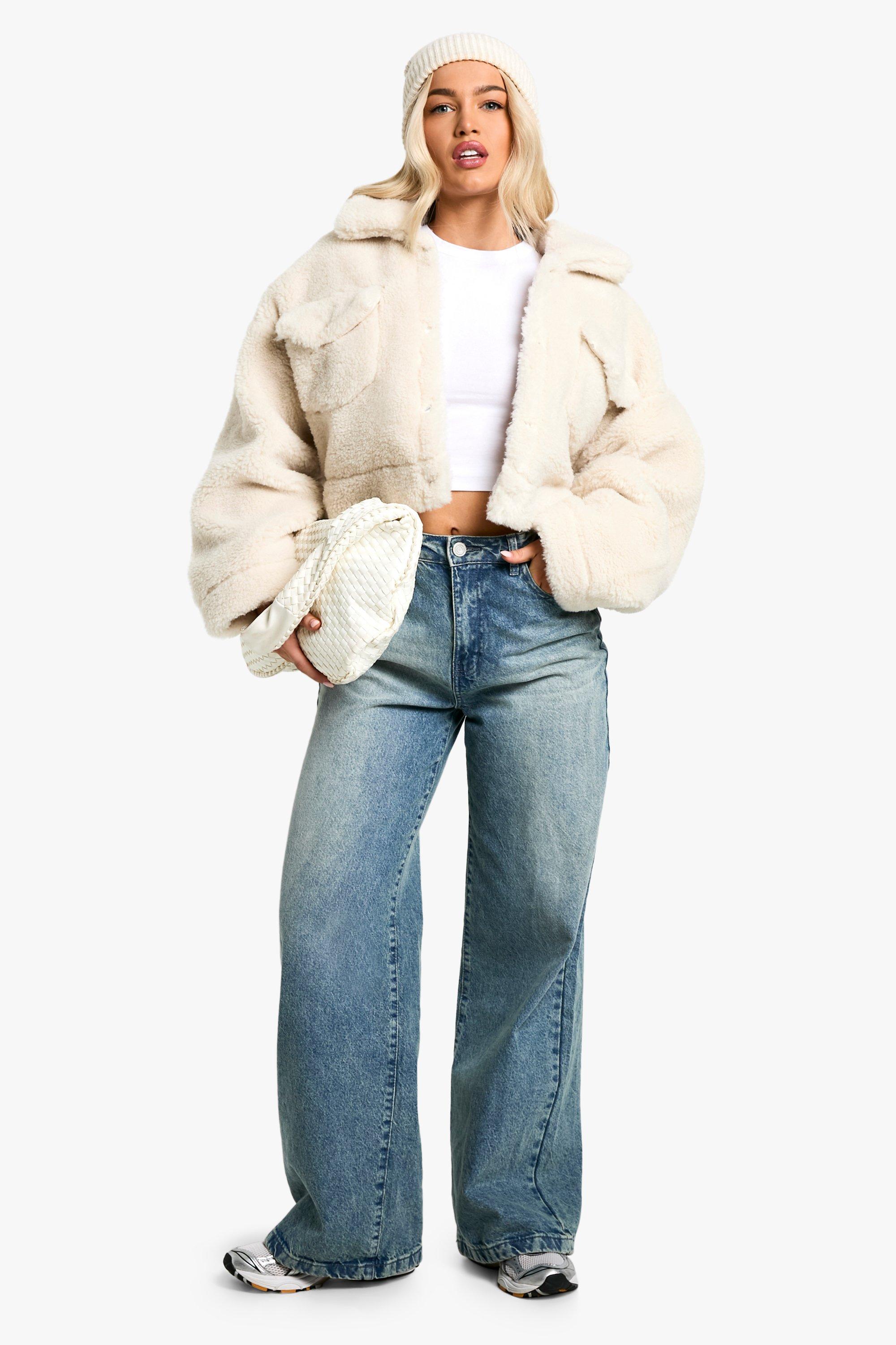 boohoo Women s Teddy Faux Fur Trucker Natural Fur Jackets
