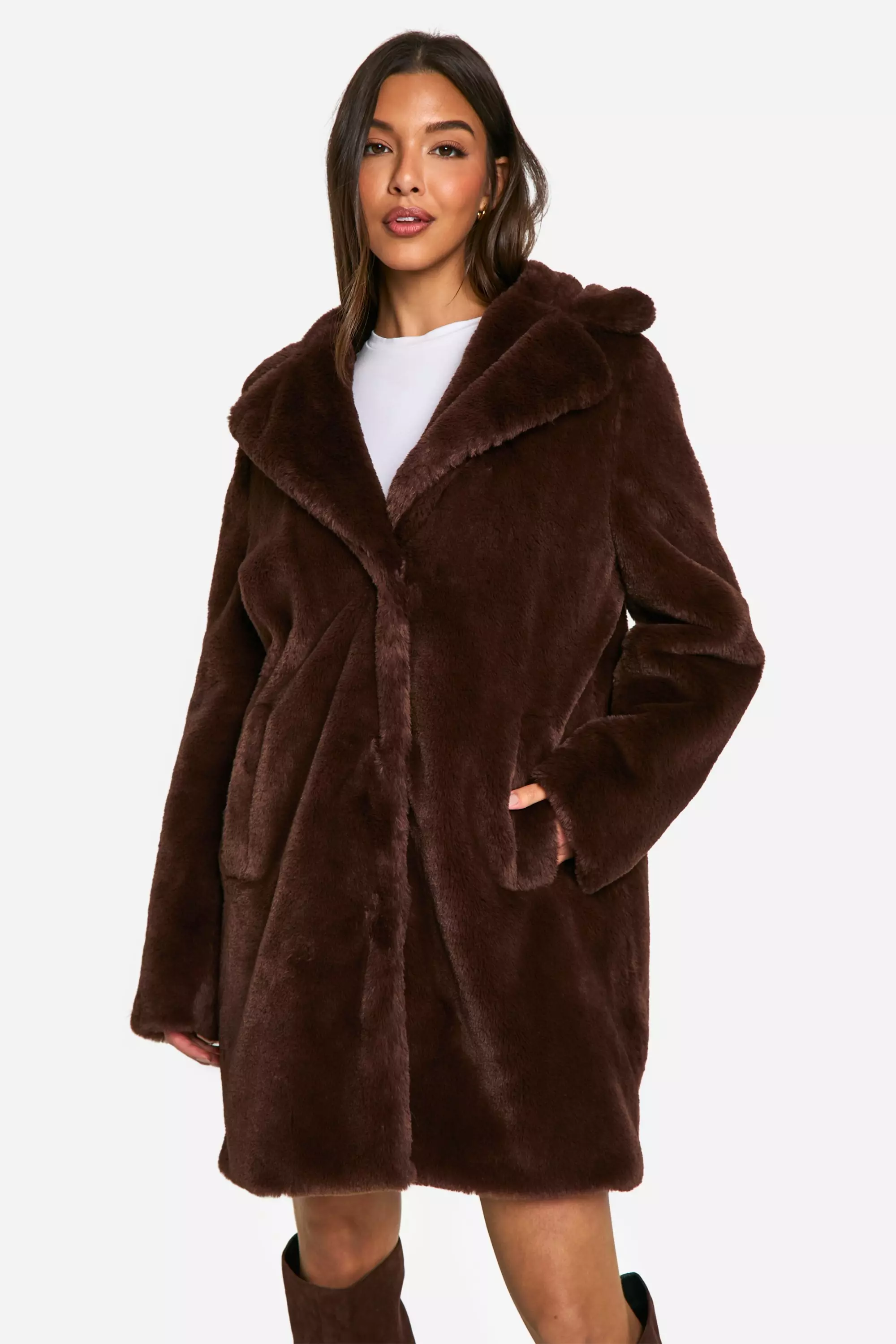 Chocolate Longline Faux Fur Jacket alternative image