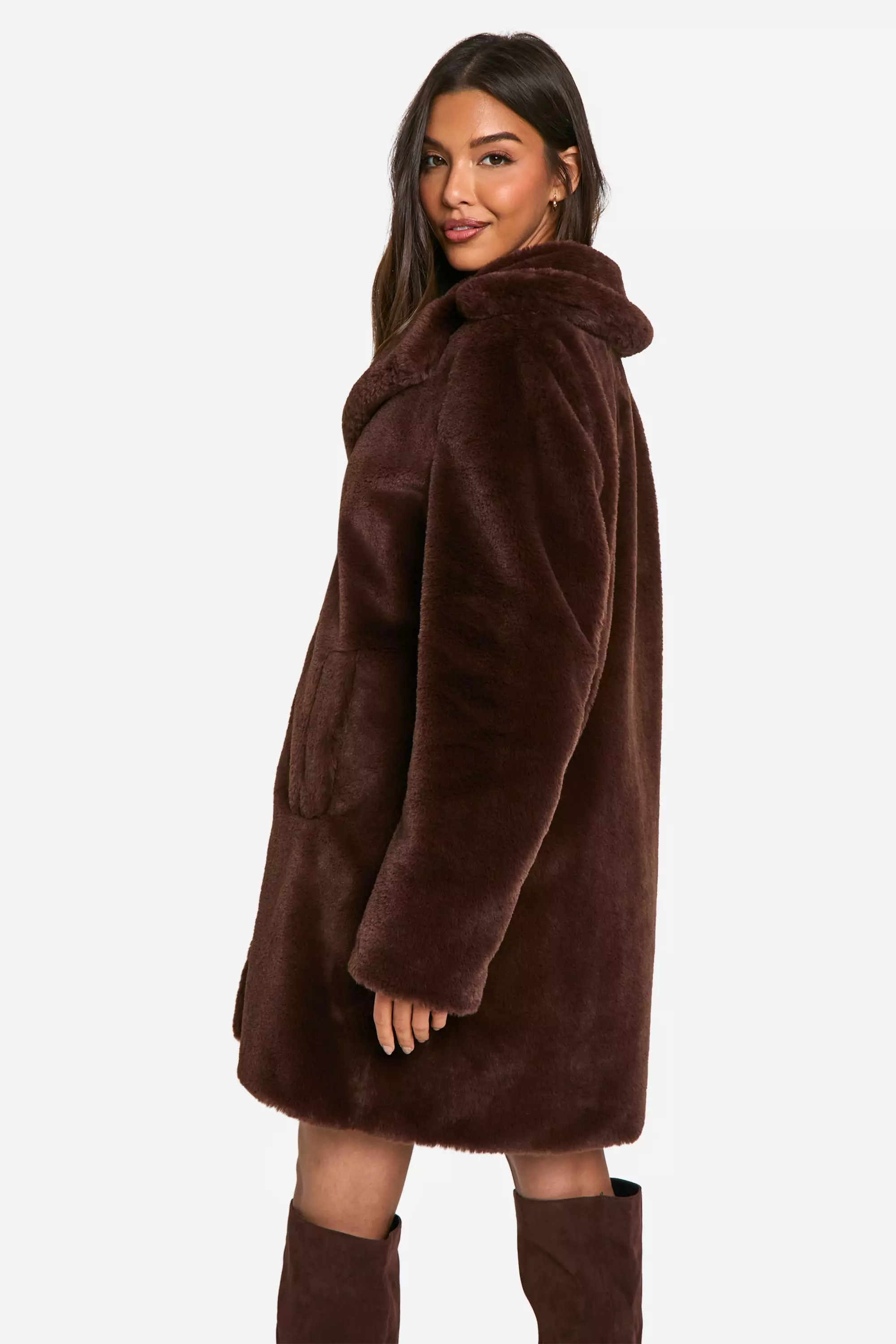 Chocolate Longline Faux Fur Jacket alternative image