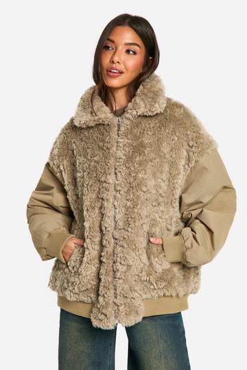 Teddy Fur Oversized Bomber Jacket sage