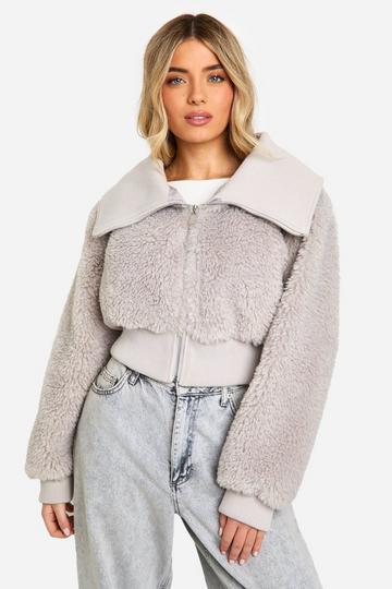 Teddy Faux Fur Bomber Jacket grey