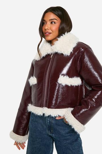 Vinyl Faux Fur Trim Jacket burgundy