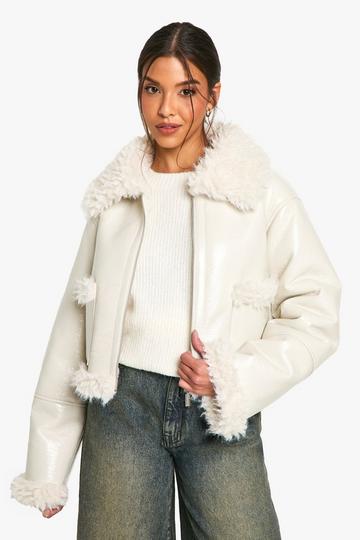 White Vinyl Faux Fur Trim Jacket