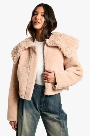 Pink Mixed Faux Fur Collared Detail Jacket