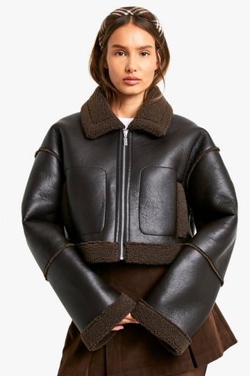 Teddy Trim Faux Leather Jacket chocolate