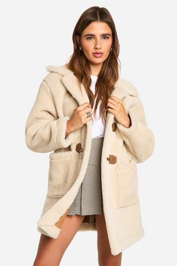 Cream White Toggle Detail Bonded Teddy Fur Coat