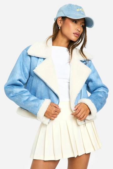 Blue Denim Look Cropped Aviator Jacket