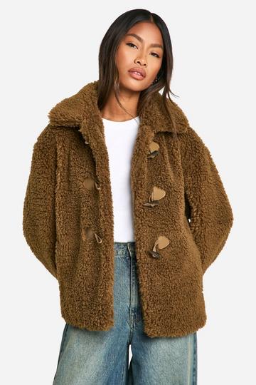 Toggle Detail Teddy Fur Coat tobacco