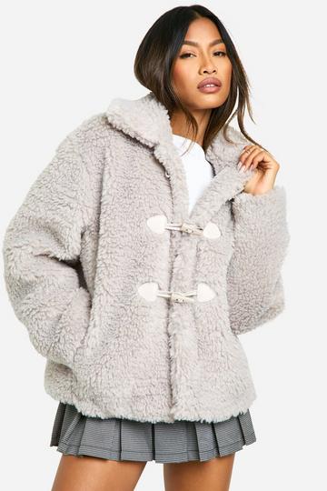 Toggle Detail Teddy Fur Coat grey