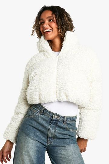 Faux Fur Crop Puffer Jacket cream