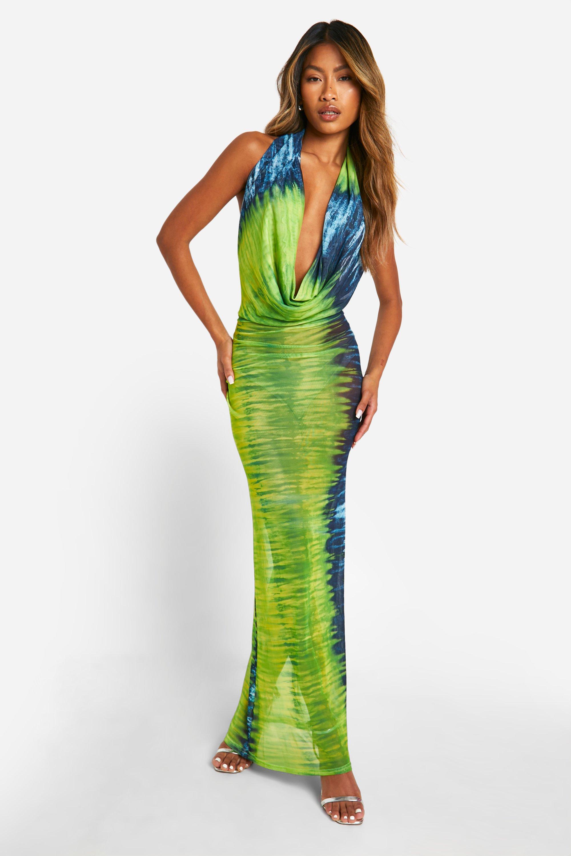 Cowl Neck Tie Dye Mesh Maxi Dress boohoo