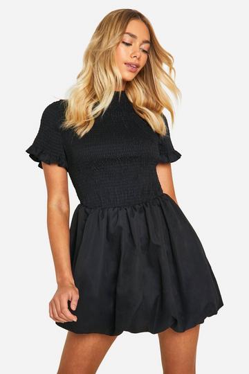 Geplooide Mini Jurk Met Korte Mouwen En Pofmouwen black