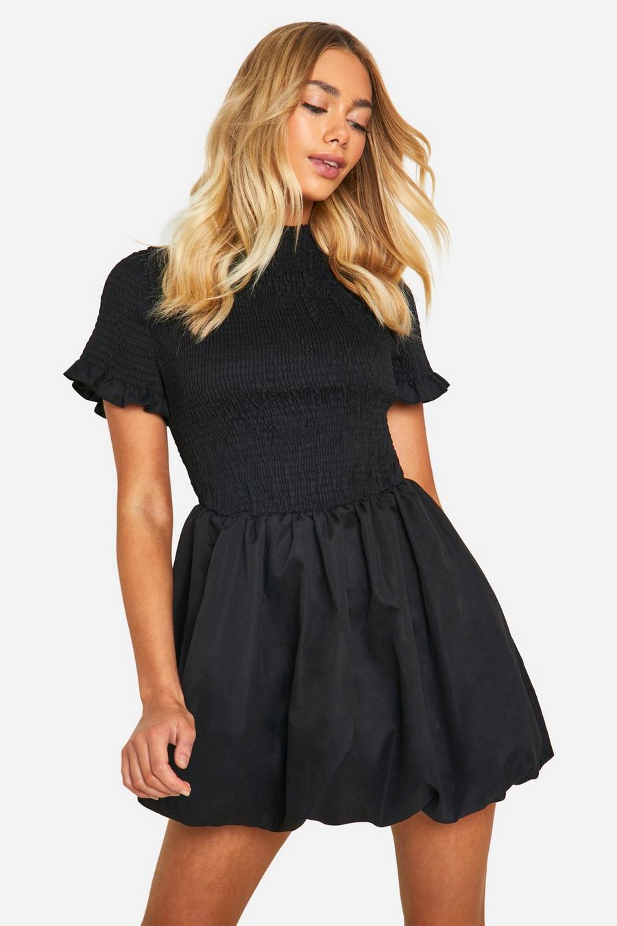 Black Shirred Short Sleeve Puff Sleeve Mini Dress image number 1