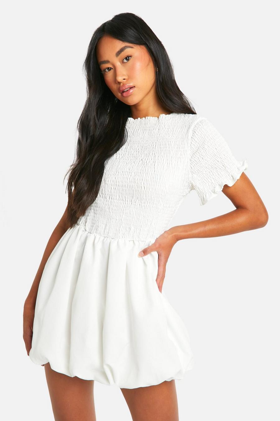 White Shirred Short Sleeve Puff Sleeve Mini Dress image number 1