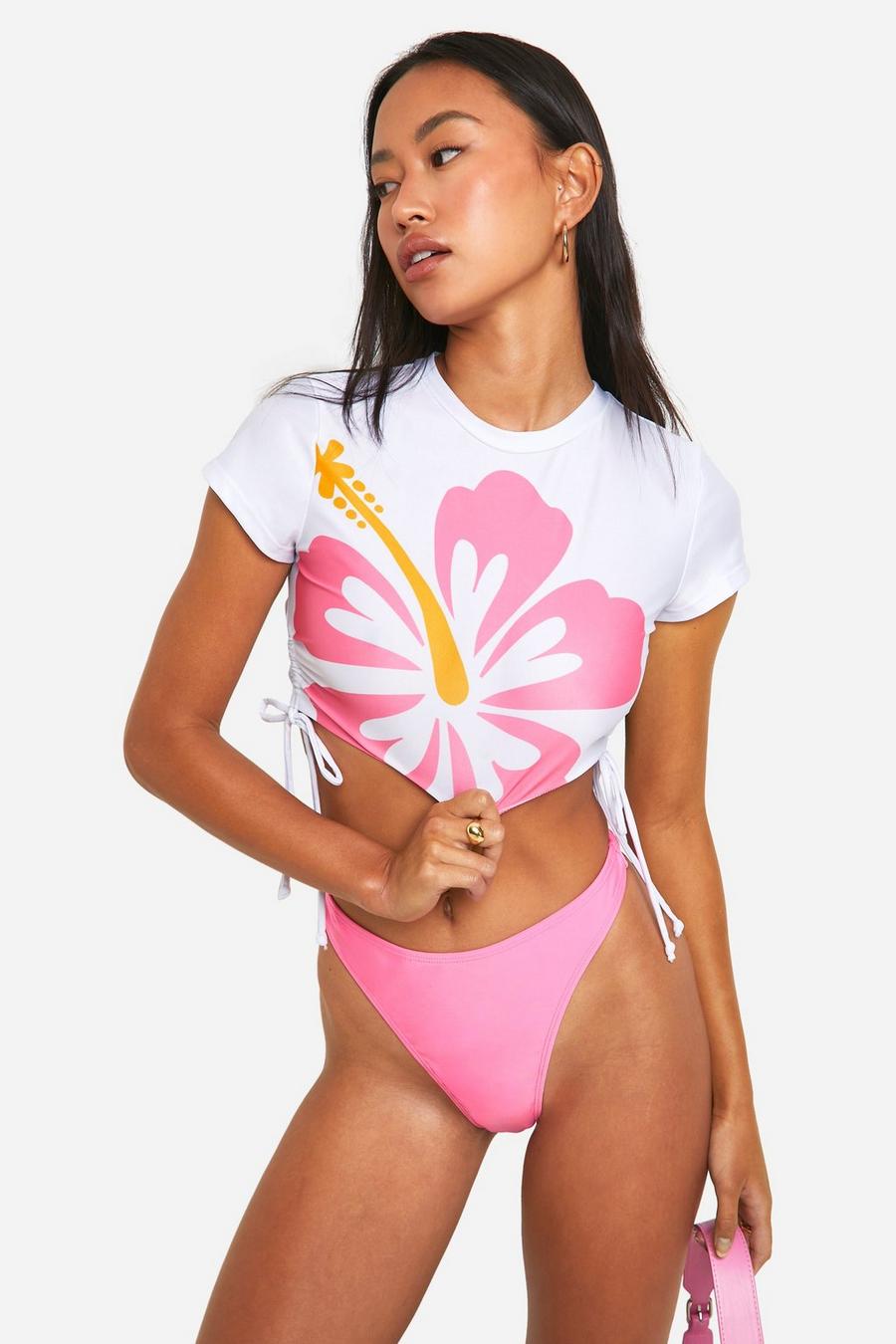 Pink Tropical Floral Crop Top & Thong Brief Bikini Set image number 1
