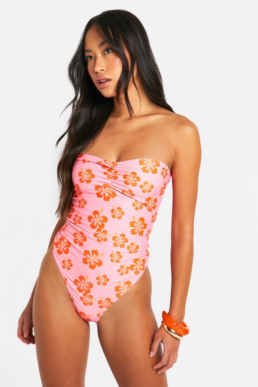 Pink Tropical Floral Ruched Bandeau Swimsuit image number 1