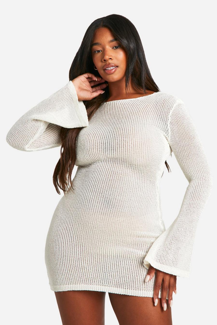 White Plus Glitter Knitted Long Sleeve Maxi Dress  image number 1