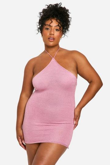 Grande taille - Robe courte à col montant et paillettes pink