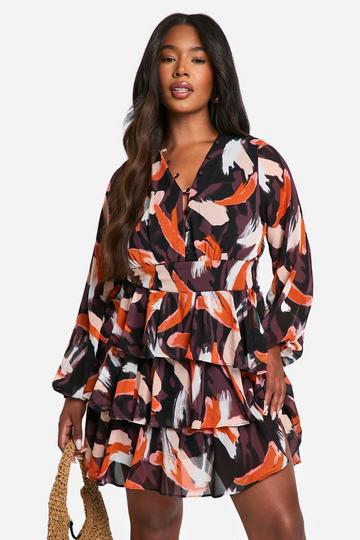 Orange Plus Printed Chiffon Ruffle Skater Dress