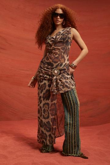 Brown Chiffon Leopard Belt Buckle Maxi Dress