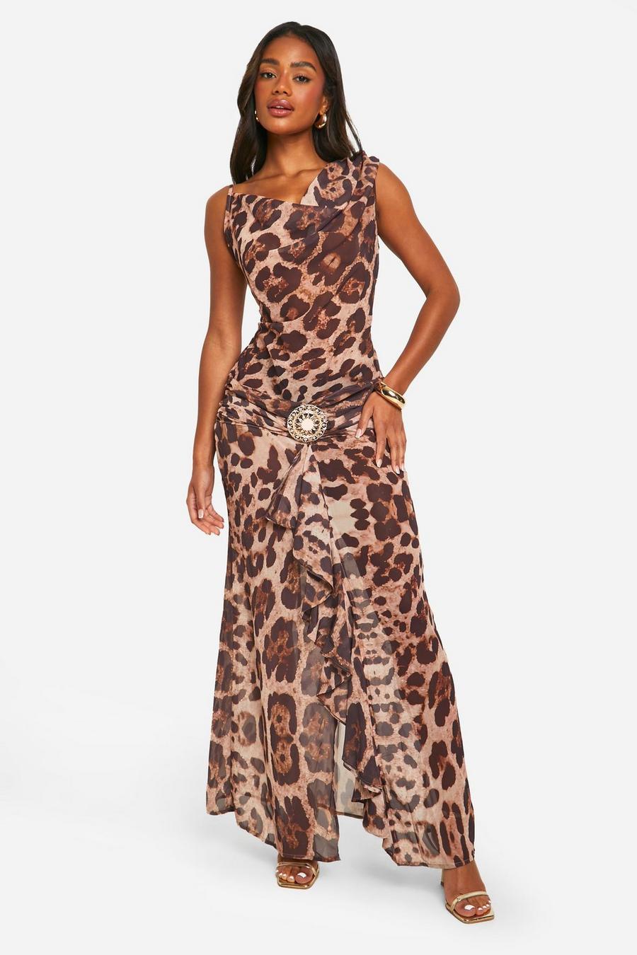 Brown Chiffon Leopard Belt Buckle Maxi Dress