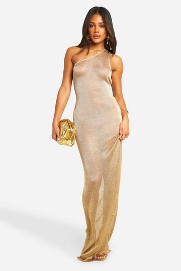 Gold Metallic Glitter Mesh Cut Out Maxi Dress