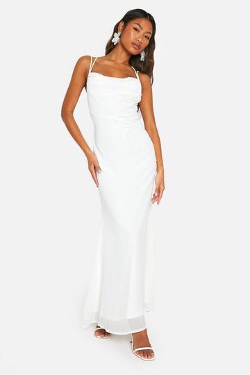 White Embellished Sequin Floral Cowl Maxi Dress