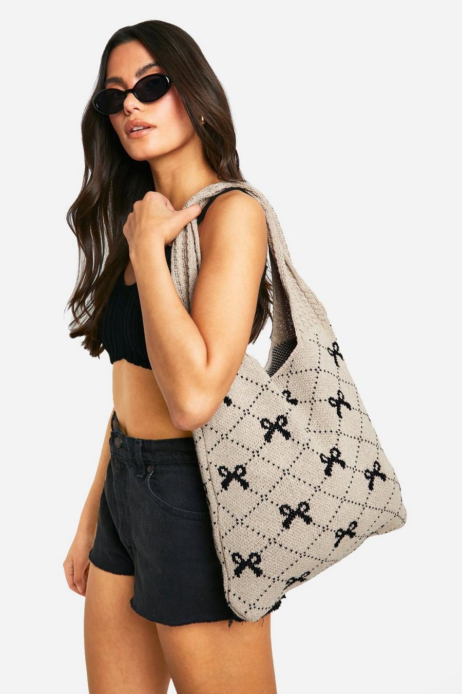 Black Patterned Bow Knitted Tote Bag  