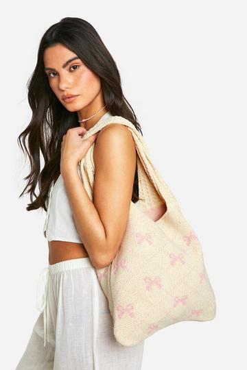 Patterned Bow Knitted Tote Bag baby pink