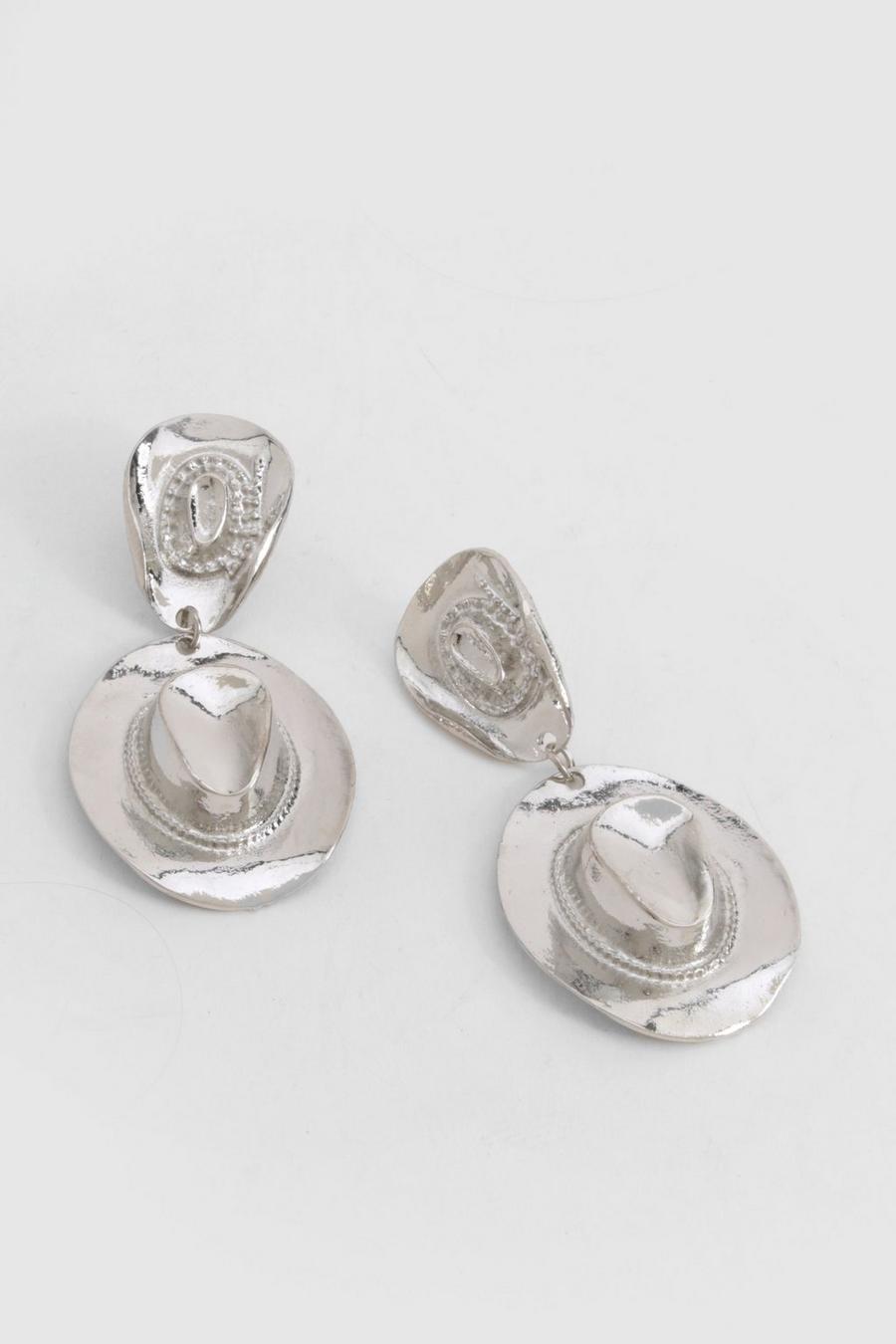 Silver Statement Western Hat Earrings  image number 1