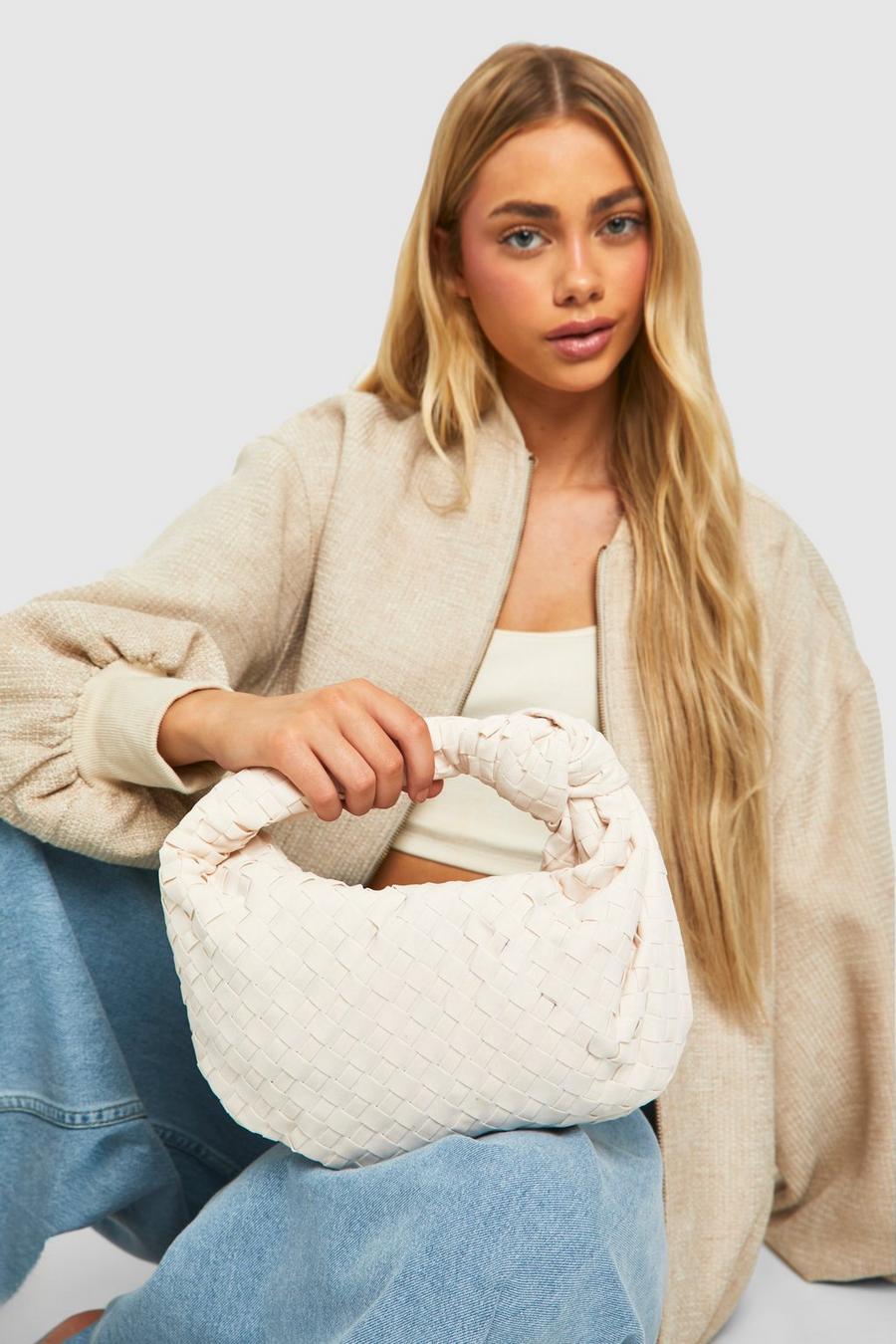 Cream Faux Suede Woven Knot Handle Bag image number 1