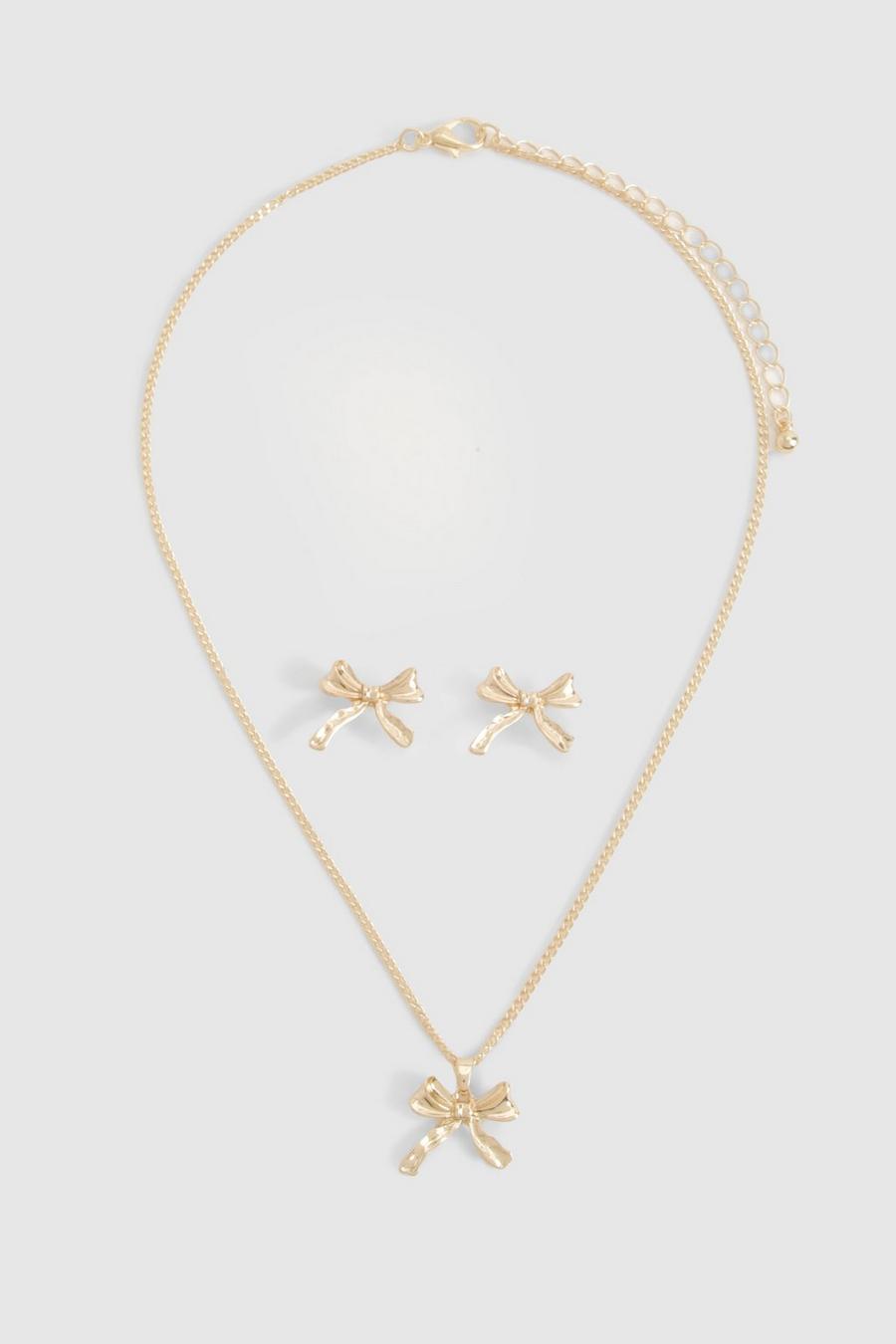 Gold Mini Bow Detail Necklace & Earring Set  image number 1