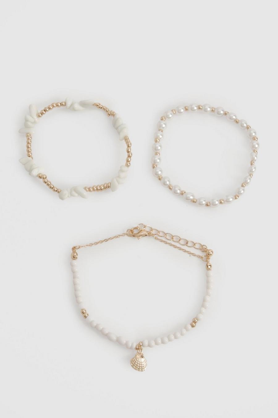 Gold Pearl & Shell Detail 3 Pack Anklets image number 1