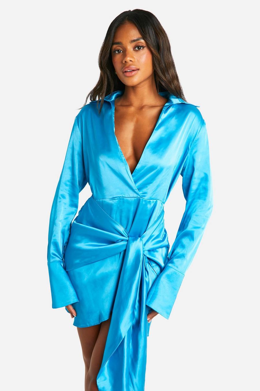 Turquoise Satin Wrap Skirt Shirt Dress image number 1