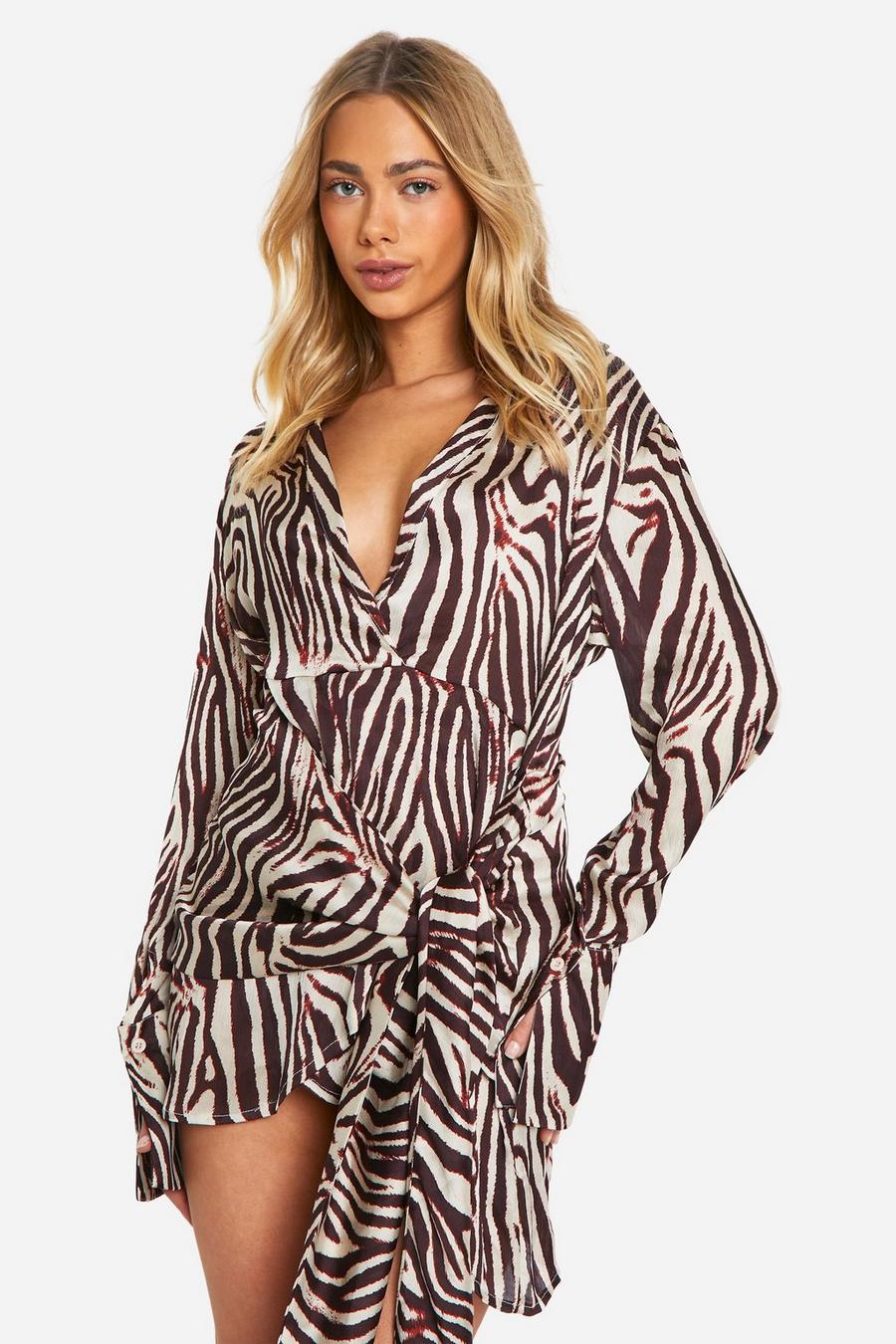 Brown Zebra Satin Wrap Skirt Shirt Dress image number 1