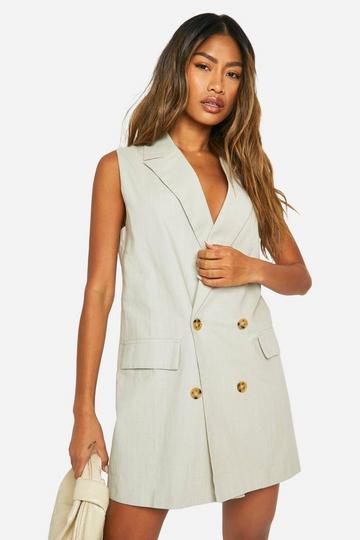 Sleeveless Linen Look Blazer Dress stone