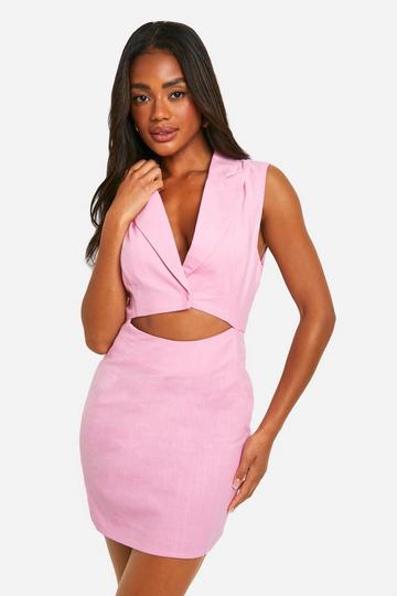 Cut Out Sleeveless Linen Look Blazer Dress pink