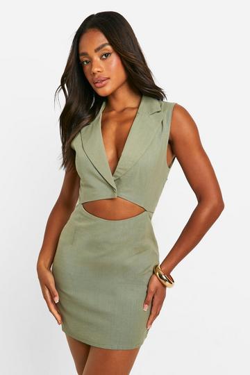 Cut Out Sleeveless Linen Look Blazer Dress khaki